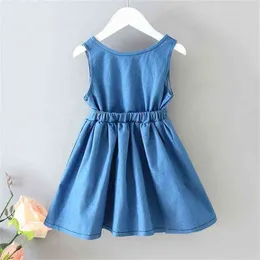 Sommar denim klänning för tjejer fest barn kläder solid färg öppen tillbaka barn baby sundress 210528