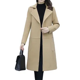 Woolen Coat Women Slim Camel M-4XL Plus Size Autumn Winter Fashion Casual Black Long Belt Big Pockets Wool Jacket LR940 210531