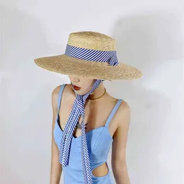 USPOP Women Sun Hat Kvinna Naturvete Halm Sommarhattar bred Brim Beach Hat Wide Striped Ribbon Lace-up Straw Hats AA220304