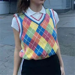 Autumn Top College-Style Rainbow Plaid Sleeveless Knitted Vest Sweater for womens Diamond Pullovers 210508