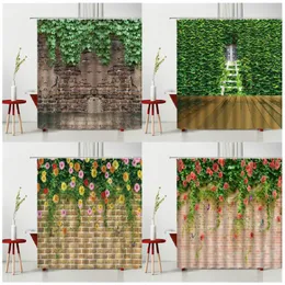 シャワーカーテン昔ながらの石レンガ造りの壁緑の植物花蝶の防水バスカーテンバスタブ装飾バスルーム