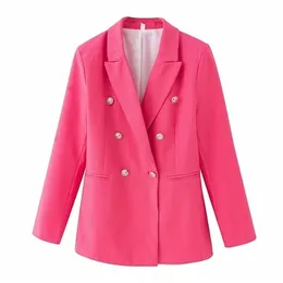 Elegant Kvinnor Chic Button Blazer Office Ladies Pocket Jackor Casual Female Slim Notched Suits Solid Rosa Girls Set 211122