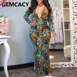 Women Long Sleeve V Neck Chic Printed Dress Elegant Evening Party Maxi Robe Dresses Casual