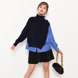 Turtleneck Långärmad Chic Side Knappar Fake Two-Piece Shirt Stitching Striped Puff Sweater Loos Casual Blouse 210510