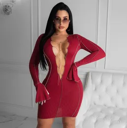 Przylotów Lace Up Deep V Neck Ribbed Z Długim Rękawem Bodycon Sukienki Kobiety Patchwork Club Partywear Sexy Moda Mini Dress Spadek 011910