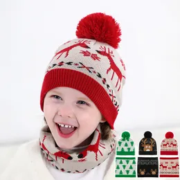 2021 Winter New Christmas Style Pom Hat And Neckerchief 2PC Set Elk XMAS Trees Deer Jacquard Kids Beanies With Pompom