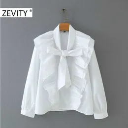 ZEVITY women fashion v neck bow tie casual smock blouse shirt women pleated ruffles chic white blusas streetwear tops LS7241 210603