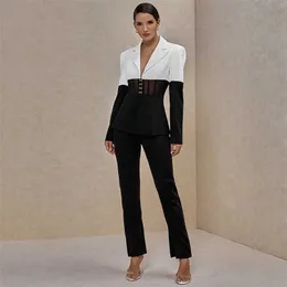 Ocstrade Two Piece Set Women Suit Blazer and Pants Club Outfits Runway Clothes Fall Black White 2 211105