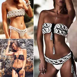 H80&S90 Women Sexy Handmade Crochet Strapless Bikini Set Ladies' Knitted Swim suit Female Swimwear Bathing Suit 210621