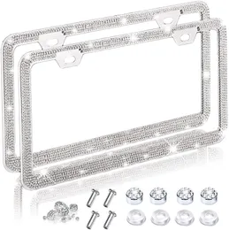 2x Bling Car License Plate Frames For Women Sparkly Diamond Cover, Glitter Rhinestone Stainless Steel Frame Interior&External Lights