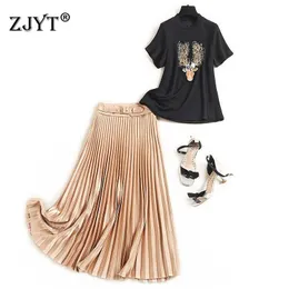 Elegant Lady Summer Casual Two Piece Outfits Women Designers Short Sleeve Embroidery TShirt and Midi Pleated Skirt Suit Sets 210601