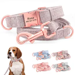 Individuell graviertes Hundehalsband und Leine, langlebiges Hanf-Haustier-ID-Halsband, Führseil mit Namensschnallenplatte für kleine, mittelgroße und große Hunde 210712