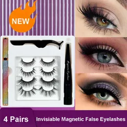 Reusable 3D Natural Invisiable Magnetic False Eyelashes 4 Pairs Set + Magnet Eyeliner Glue-free Fake Lashes Comfortable Soft Light Strong Stickiness