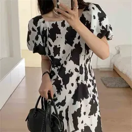 Retro Chic Milk Pattern Prom Party Animal Printed Vintage Loose-Fitting Mini Dress Femme All Match Vestidos 210525