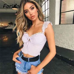 Sleeveless Purple Print Camis Tops Spring Summer White Lace Cute Blouse Top Chic Elegant Ruffle Ladies Fashion Clothes 210427