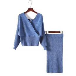 Women Knit Pink Blue V Neck Long Sleeve Pullover Knee Length Pencil Skirt Two Piece Set Elegant Lurex Backless T0092 210514