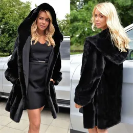黒の毛皮のコート女性冬の街路壁のファッションプラスサイズの緩いフード付き厚い暖かいエレガントなLugentolo 211220
