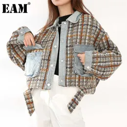 [EAM] Tweed Denim Plaid Krótki Cotton-wyściełany Płaszcz Z Długim Rękawem Loose Fit Women Parkas Moda Jesień Zima 1Z82205 211008