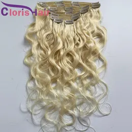 Platinum Blond Body Wave Human Hair Extensions Clip Ins #613 Blond Wavy Raw Indian Clips In On Weave Tjock 120g 8pcs Double Machine Weft