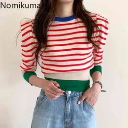 Nomikuma Korean Hit Color Stripe Pullover Knitwear Autumn Puff Long Sleeve O-neck Knitted Tops Short Women Sweater 6C043 210427