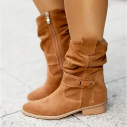 Botas de inverno de camurça 2021 mulheres quentes vintage zíper sapatos fivela senhora meados de bezerro bota ao ar livre grosso salto baixo feminino apontou botas 88763 ies