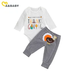 0-24M Dia de Ação de Graças Nascido Infantil Bebé Menino Girl Roupas Set Letter Romper Jumpsuit Striped Turquia Pants Outfits 210515