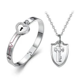 Earrings & Necklace Couple Lovers Puzzle Titanium Steel Love Heart Lock Bangle Key Pendant