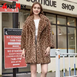 Vinter Teddy Coat Leopard Kvinnor Jacka Mid-Long Faux Fur Oversize Casual Jackor Kvinna Faux Fur Coat 210428