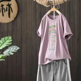 100% bawełniany haft t-shirt lato moda kobiety z krótkim rękawem luźna koszulka dorywcza koszulka femme vintage topy plus rozmiar M67 210512