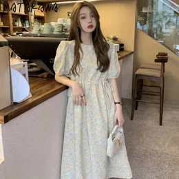 MATAKAWA Floral Woman Dress Loose Temperament Bellflower Long Dresses Summer Bubble Sleeve Chiffon Robes Short-sleeved Vestidos 210513