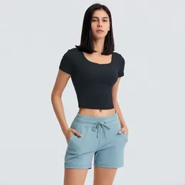 LU-175 spring and summer new style fitness top with chest cushion solid color slim outdoor leisure sports short sleeve girl