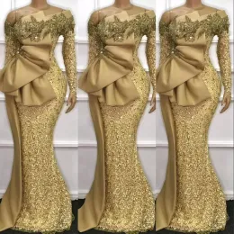 Sparkly Altın Sequins Abiye Kapalı Omuz Mermaid Uzun Kollu Tasarımcı 2022 Balo Parti Kıyafeti Custom Made Artı Boyutu Örgün Durum Giyim Vestidos