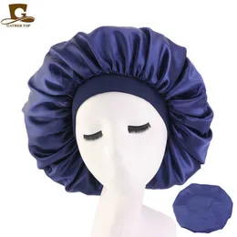 10 pcs/lot Women Big Size Beauty print Satin Silk Bonnet Sleep Night Cap Head Cover Bonnet Hat for For Curly Springy Hair Black X0722