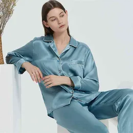 16 Momme Mulberry Silk Pyjama 100% Silk Luxury Long Sleeve Trouser Female Real Silk Homewear Summer Sleepwear Women Pijama 210330