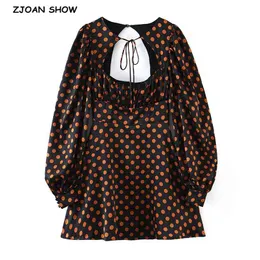 Vintage France Style Polka Dot Print Hollow Out Women Dress Black Long sleeve Lacing up Collar Slim Girl's Mini Dresses 210429