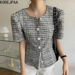 Korjpaa Kvinnor Jacka Sommar Koreanska Chic Ladies Retro V-Hals Enstaka Breasted Design Lös Tunn Puff Sleeve Tweed Short Coat 210526