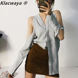 Shirt Blouse Women Striped Button Up Camisa Larga V-Neck Long Sleeve Sexy Bare Shoulders Bluzki Damskie Letnie De Mujer 210521