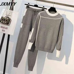 JXMYY Autumn Runway 2 Pieces Set Knitted Long Sleeve Pullovers Sweater Casual Patchwork Knit Jumper Tops and Pants Suits 211118