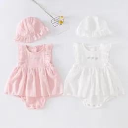 Summer Baby Girls Rompers Clothes Bodysuits Lace Sleeve Princess + Cap Infant Bodysuit 210429