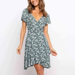 Foridol Casual Boho Summer Sukienka Kobiety V Neck Krótki Rękaw Mini Dress A-Line Sundress Dress Vestidos de Mujer Outfit 210415