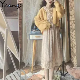 Winter Warm Plus Size Two Piece Set Women Short Knitted Sweater Coat With Lace Velvet Dress Korean Female Kawaii Girls Clothes 210421