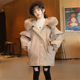 2020 Новая детская одежда Parka большой мех с капюшоном теплый зимой тонкий вниз куртка дети девушка одежда для одежды Длинное пальто Teen 10 14 YR H0909