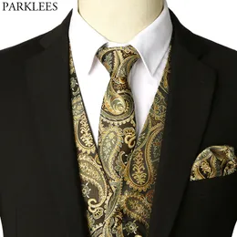 Men's Gold Waistcoat Vest Necktie Pocket Hankerchief Brand Slim Fit Tuxedo Vest Male For Party Wedding Chaleco Hombre 210522