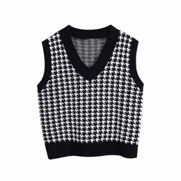 Evfer Women Fashion Houndstooth Za Knitted V-Neck Pullover Ladies Casual Sleeveless Plaid Loose Sweaters Girls Autumn Vest Chic Y1110