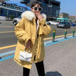 Loose Parka för kvinnor Vinter Tjock Varm Zipper Coat Faux Fur Collar Outwear Jackor Casual Hooded 210515