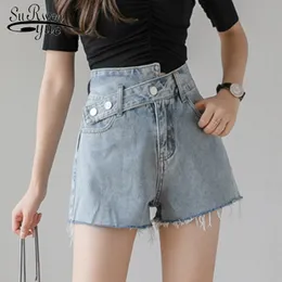 Verão perna larga vintage irregular shorts feminino simples cintura alta mulheres azul jean denim para 8942 50 210427