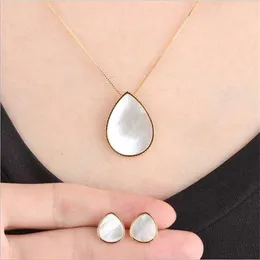 Earrings & Necklace Fashion Big Water Drop Natural Pearl Sea Shell Jewelry Sets Oval Pendant Stud Gold Color Chain Women Set