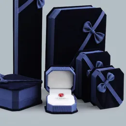 Blue Velvet Bowknot Jewelry Packaging Holder Storage Boxes For Pendant Necklace Charm Bracelets Ring Earring Bangle Display Case Wedding Decor