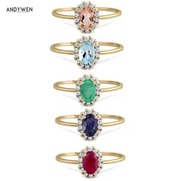 ANDYWEN 100% 925 Sterling Silver Gold Anillo Roseton Aguamarina Blue Champagne Zircon Women Luxury Fine Jewelry Crystal Jewels