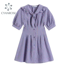 甘い紫色の格子縞のドレスの女性夏の半袖ハイウエストの作物ドレスMujer Sailar Collar Preppy Style Rok Girl Frocks 210515